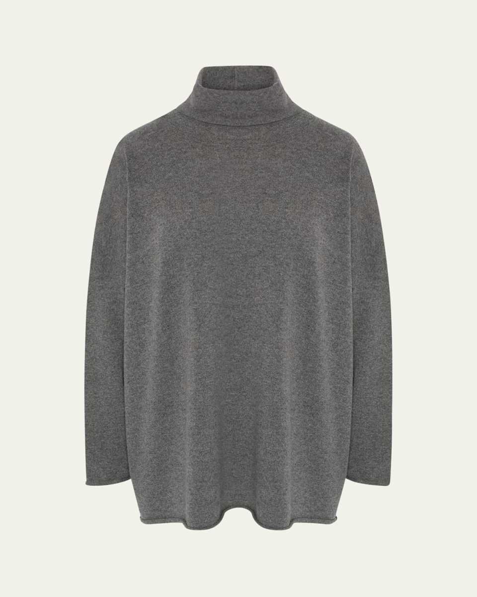 Slim-Sleeve Raw Edge Scrunch-Neck Sweater (Mid Plus Length)